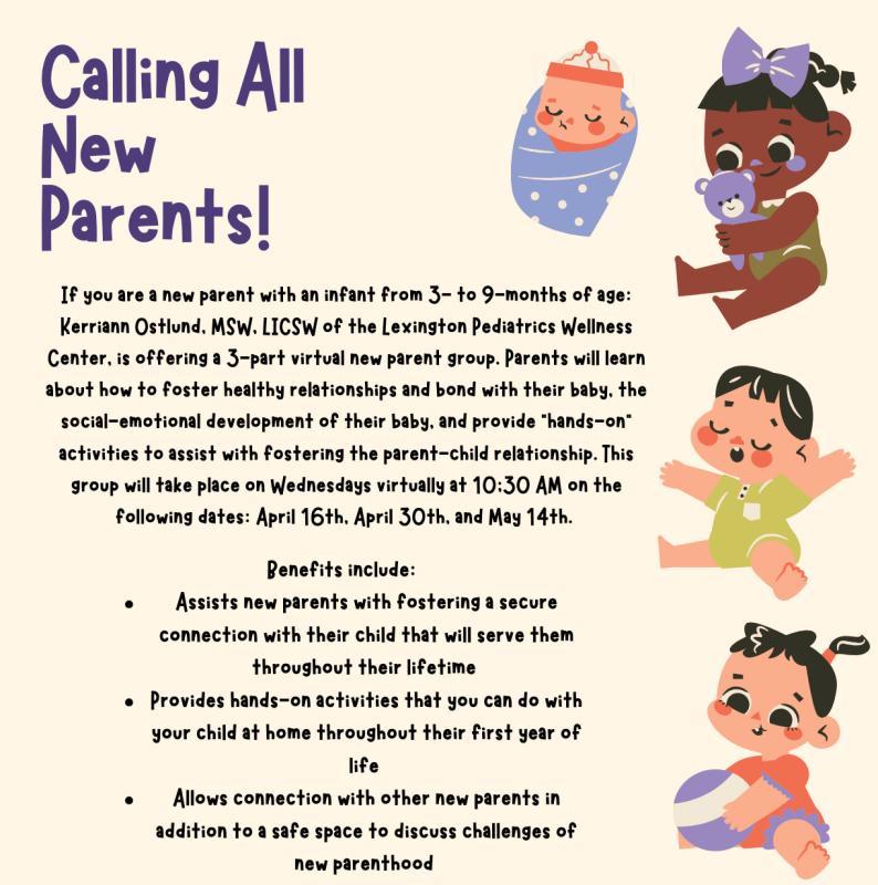 a flyer for all new parents group